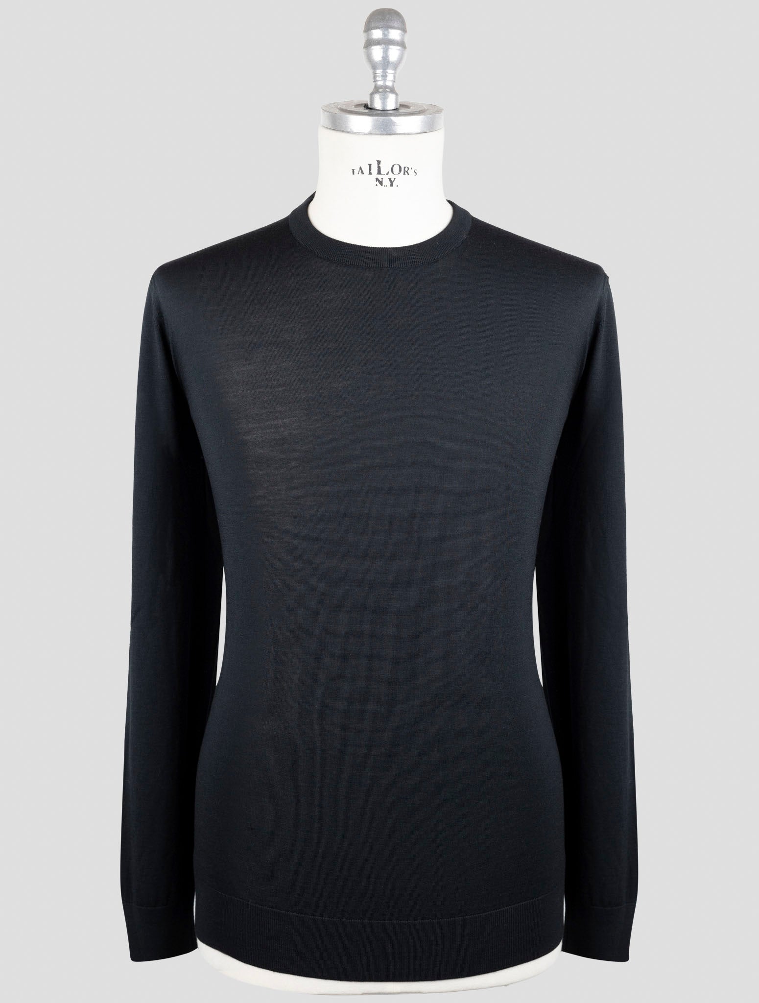 Kiton Black Wool Diamante Blue Sweater Crewneck