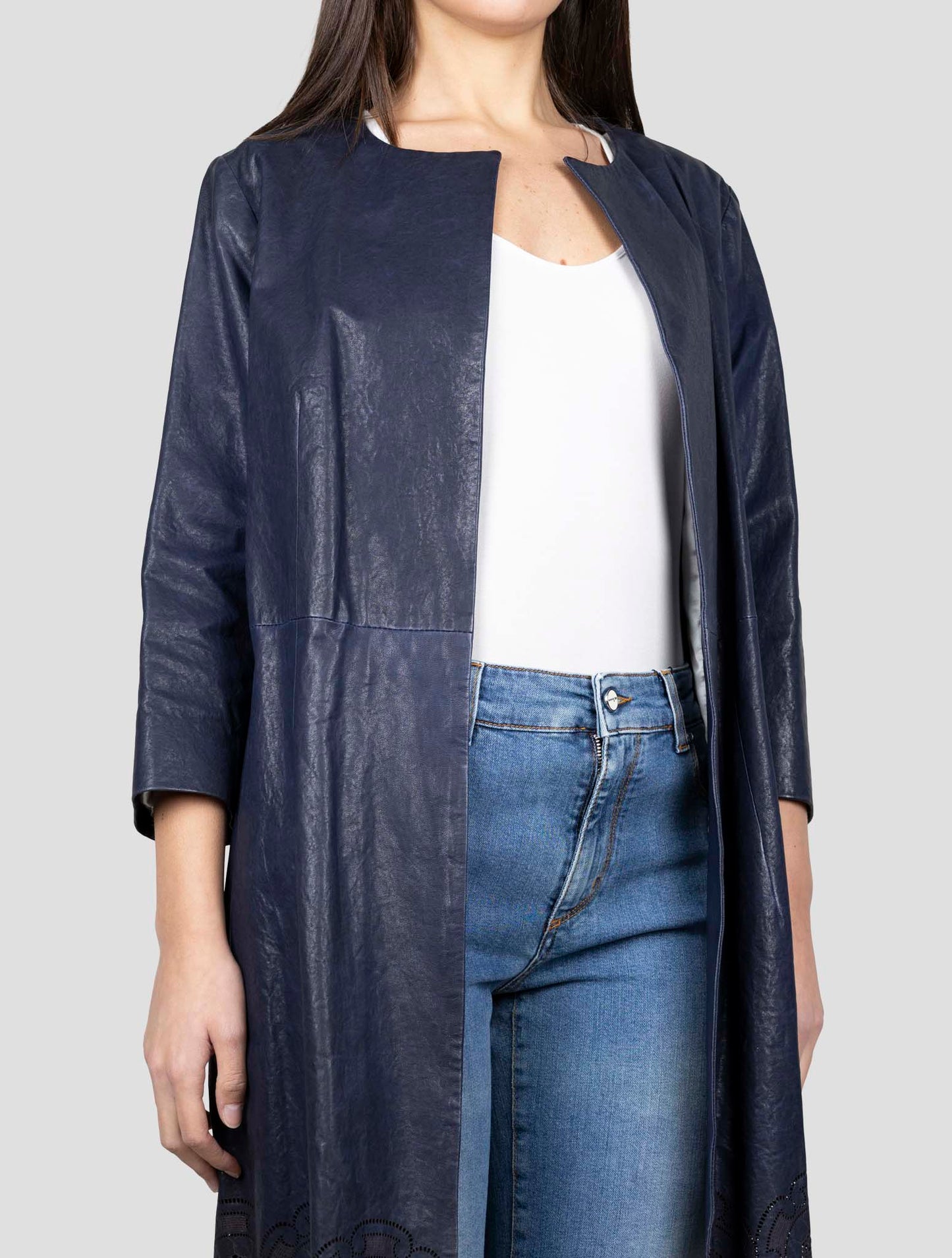 Kiton Blue Leather Overcoat