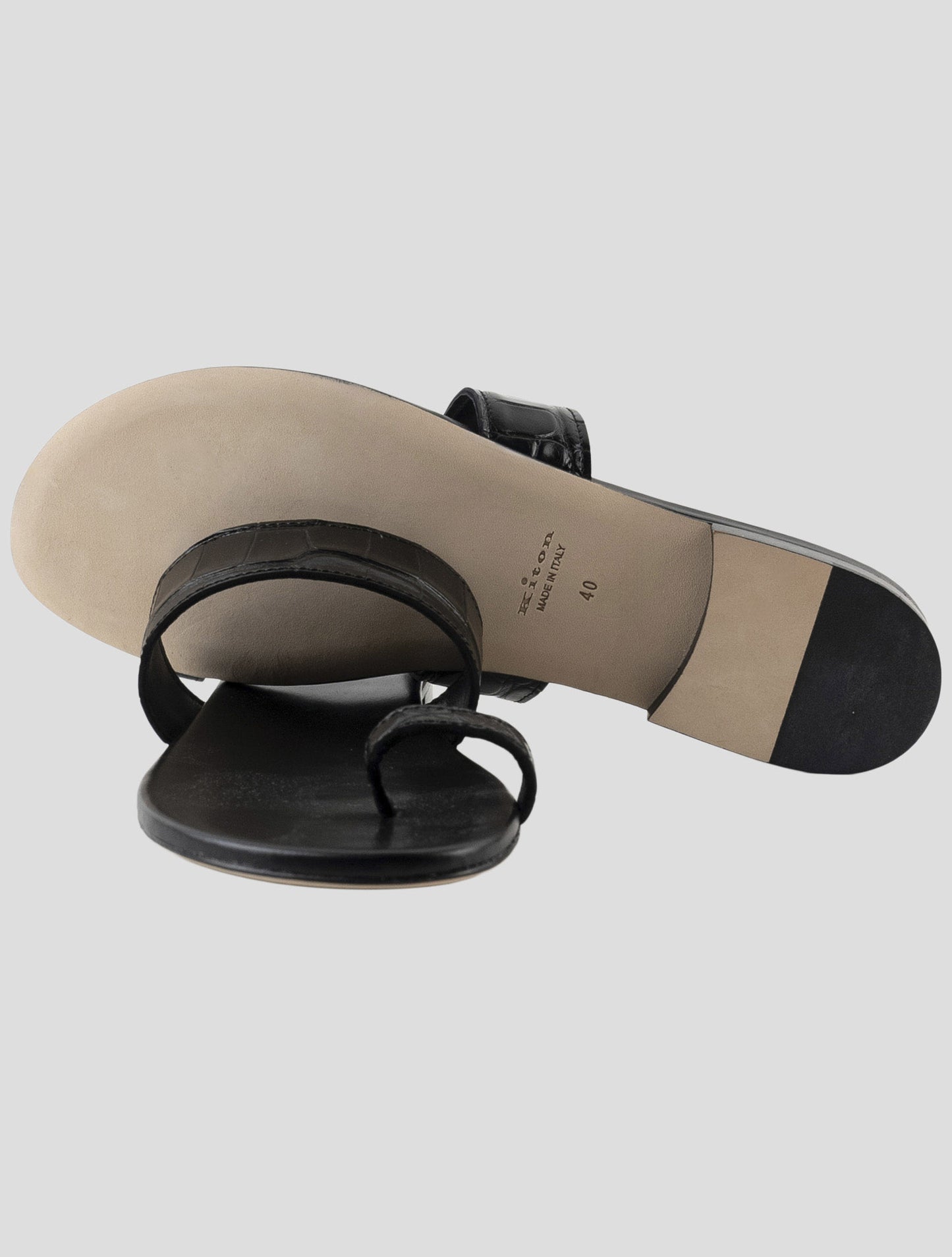 Kiton Black Leather Crocodile Sandals