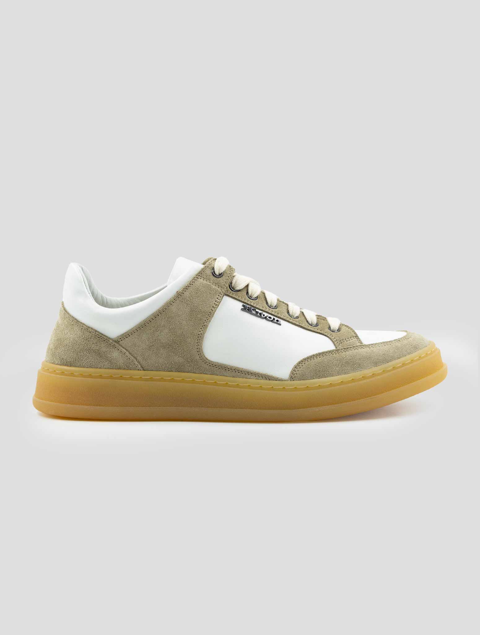 Kiton Beige White Leather Suede Leather Sneakers