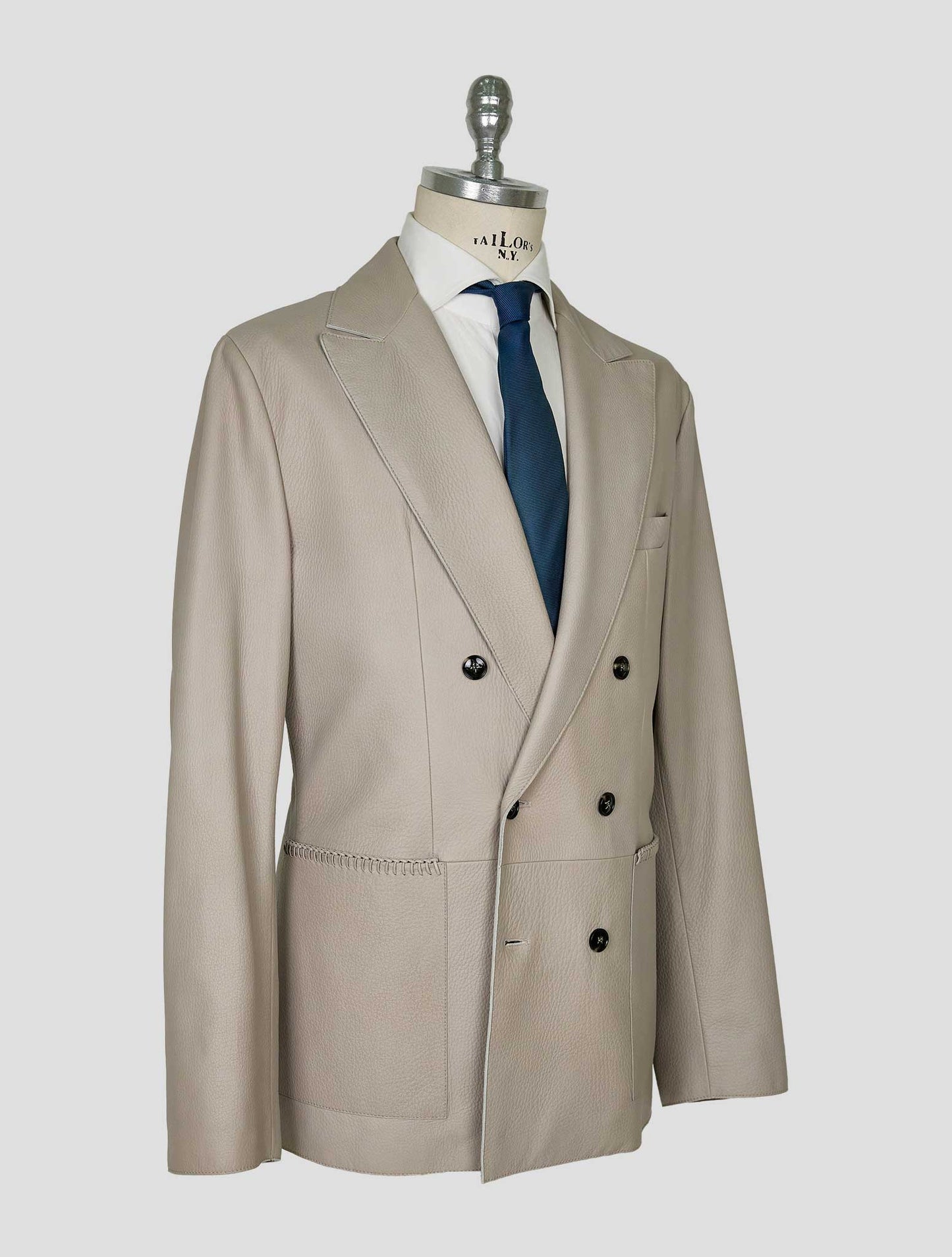 Kiton Gray Leather Deer Double Breasted Overcoat