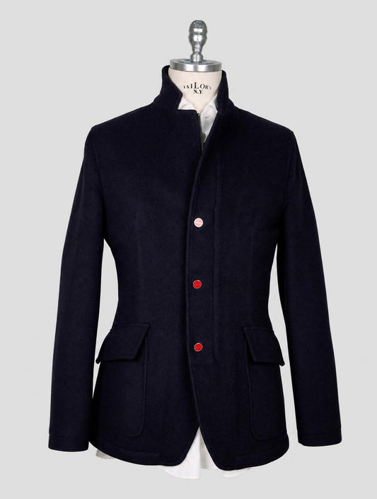 Kiton Blue Wool Cashmere Silk With Fur Coat