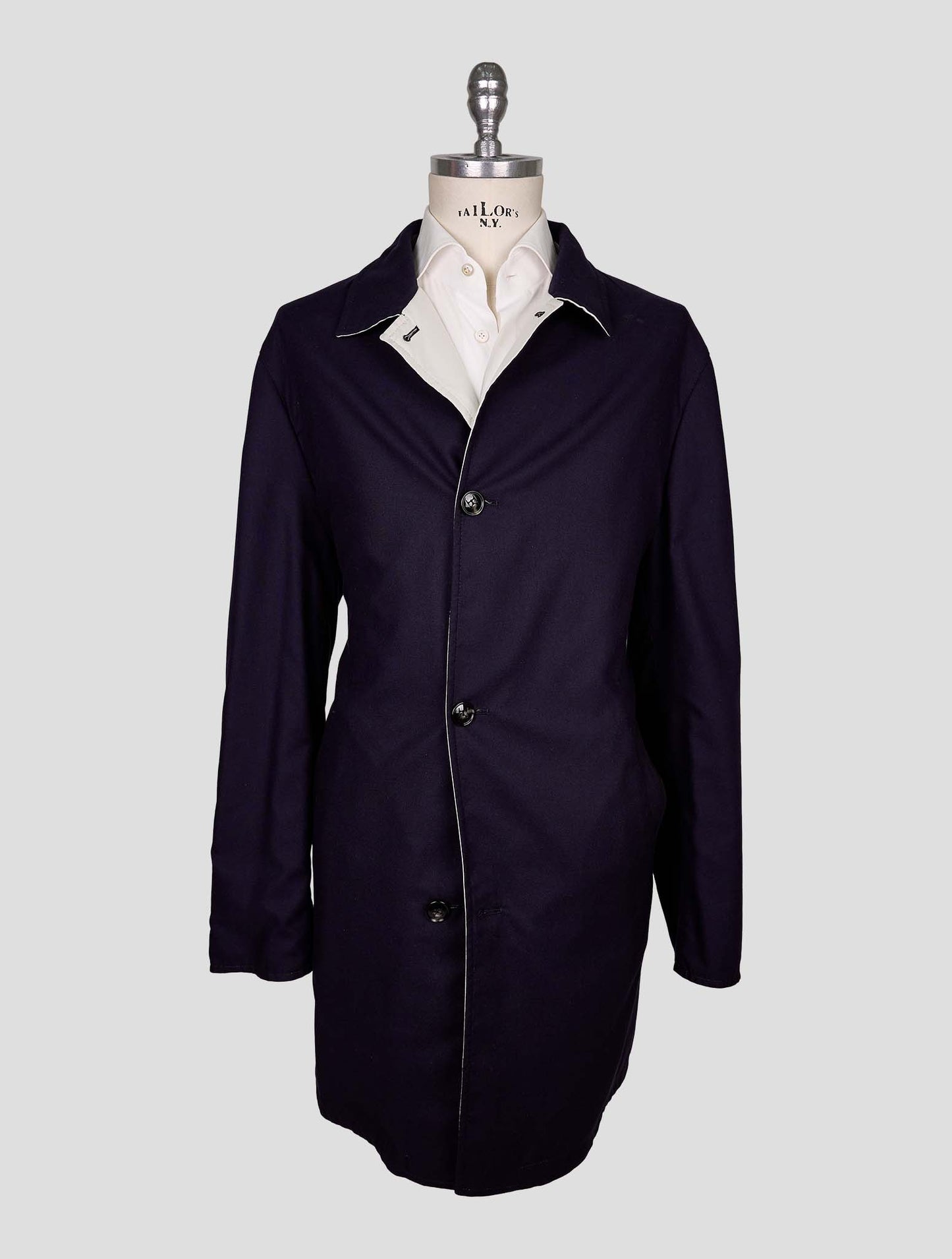 Kiton Beige Blue Silk Cashmere Reverse Overcoat