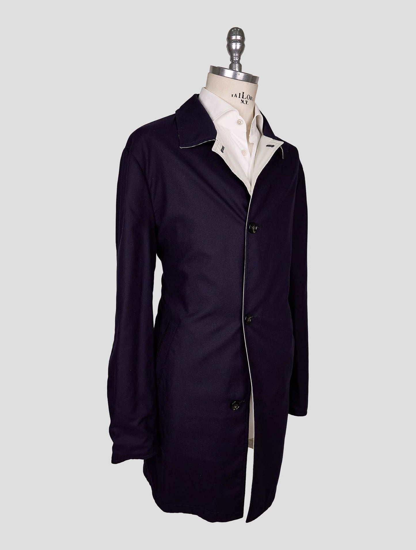Kiton Beige Blue Silk Cashmere Reverse Overcoat
