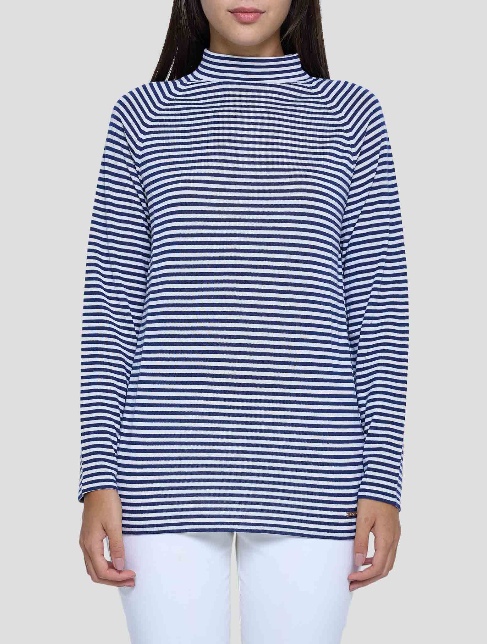 Kiton Blue White Cashmere Silk Sweater Turtleneck Women