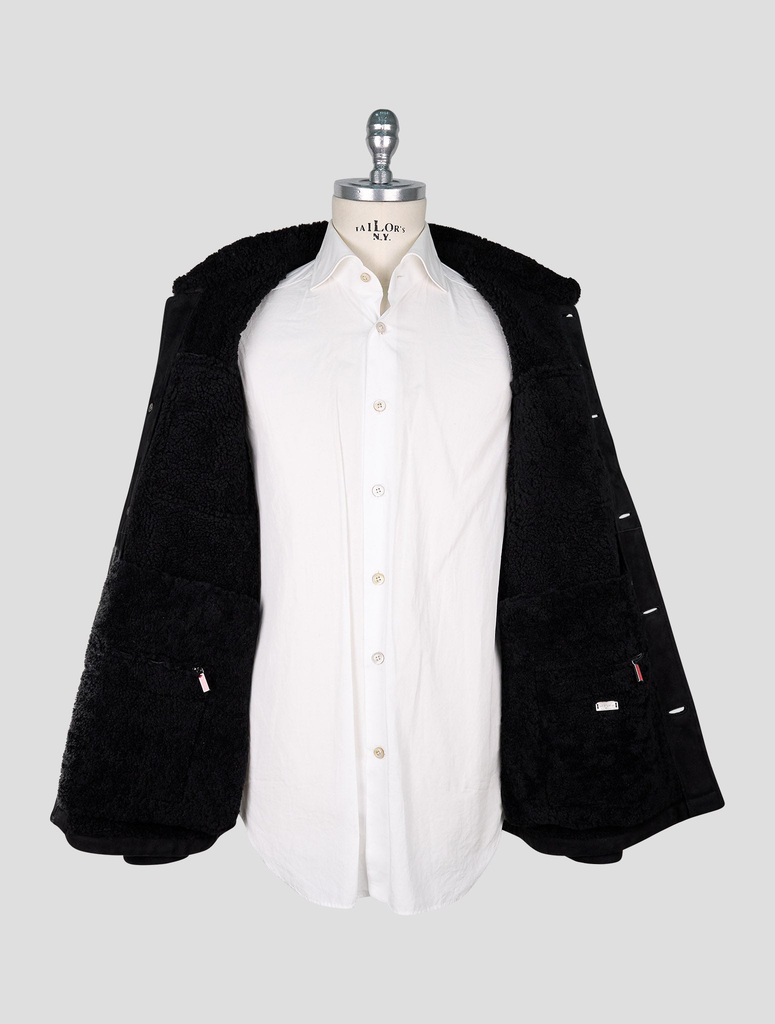 Kiton Black Leather Shearling Coat