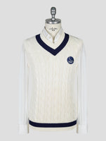 Kiton Knt White Blue Cotton Sweater V-Neck